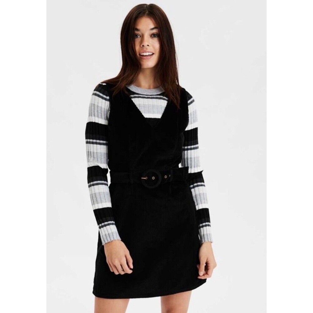 American Eagle Black Corduroy A-Line V-Neck Belted Mini Dress Size Small EUC!!